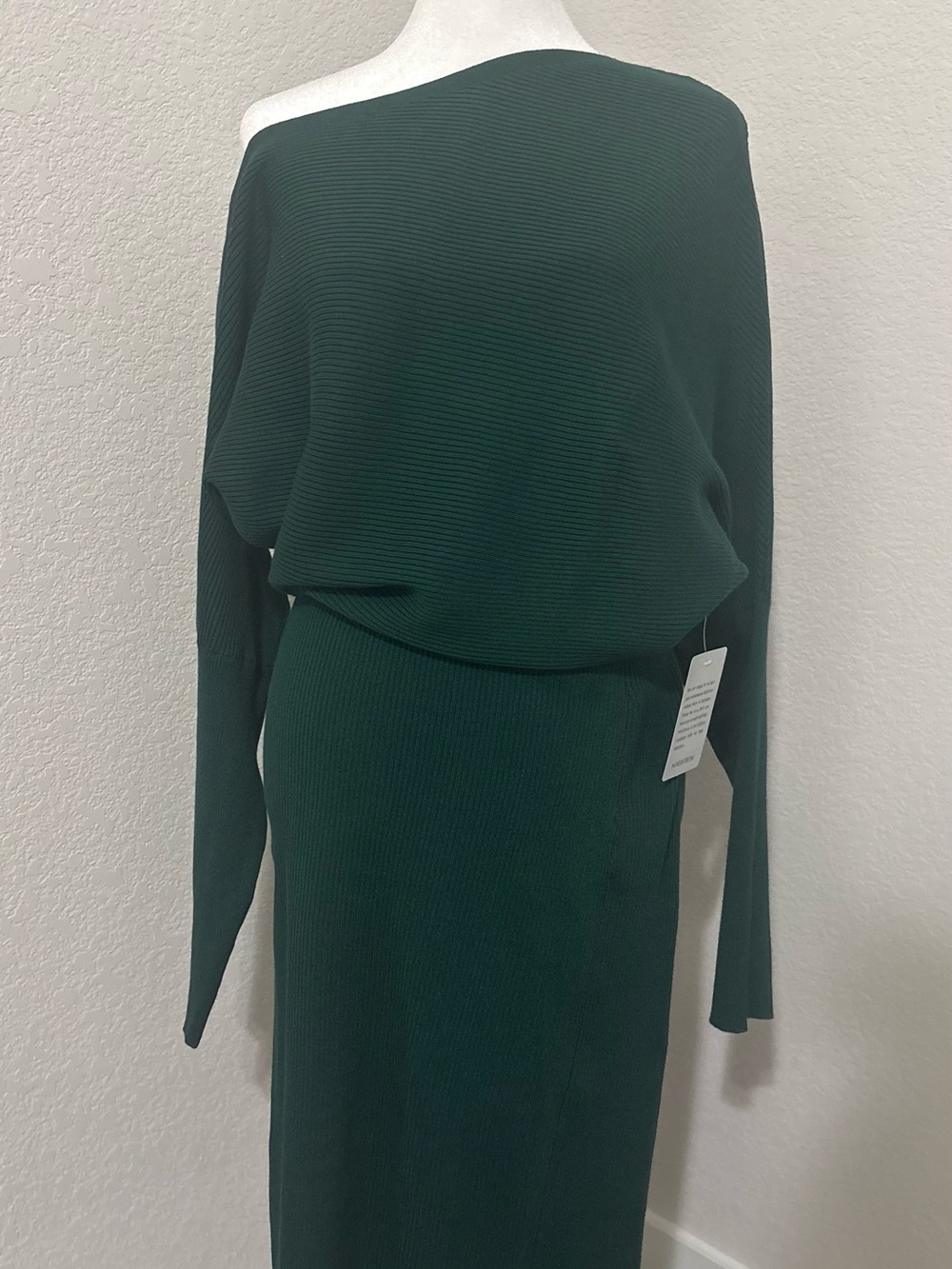 Off-Shoulder Ribbed Knit Dress in Deep Forest Green